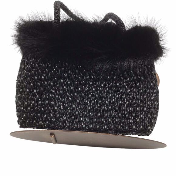 Mitchie’s Black Beaded Evening Bag Faux Fur Trim Top Handle Purse NWT Vintage - Picture 8 of 16